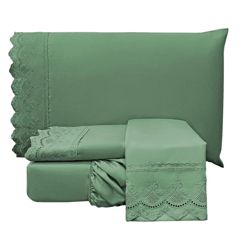 Jogo de Lençol King Lauren Percal 300 Fios  Bordado Ingles 4 Peças - Esmeralda - 100% Poliéster - Casa Modelo Enxovais - Cama, Mesa E Banho