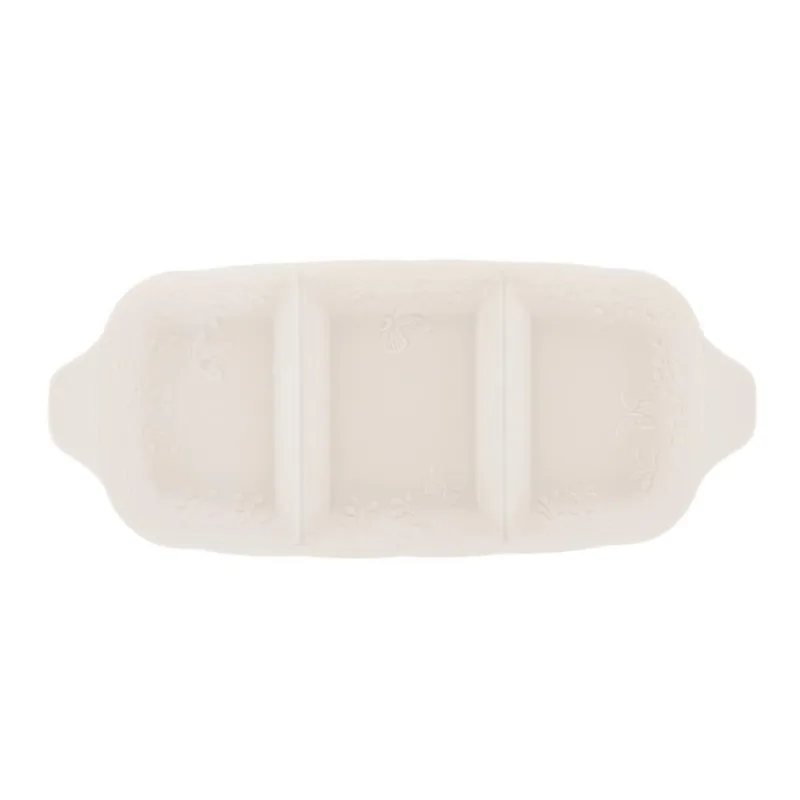 Petisqueira De Porcelana New Bone Com 3 Divisórias Butterfly Flower 34x14,5x3,5cm Lyor