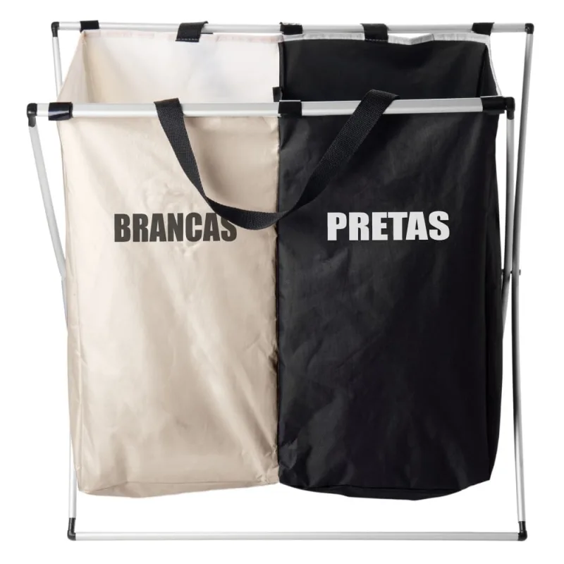 Cesto para Lavanderia de Poliéster com Alças e 2 Compartimentos Dobrável 59 x 38 x 57 cm Lyor - Lyor