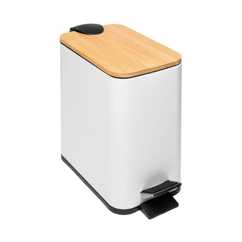 Lixeira 5l Retangular De Metal Com Pedal E Tampa Em Bambu Branca Lyor - LYOR