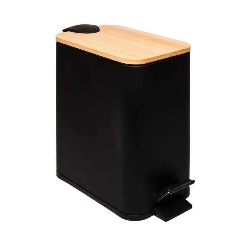 Lixeira 5l Retangular De Metal Com Pedal E Tampa Em Bambu Preta Lyor - LYOR