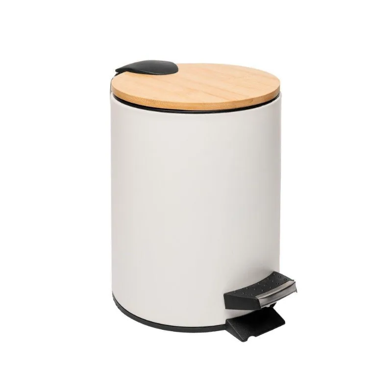 Lixeira 3l Redonda De Metal Com Pedal E Tampa Em Bambu Branca Lyor - LYOR
