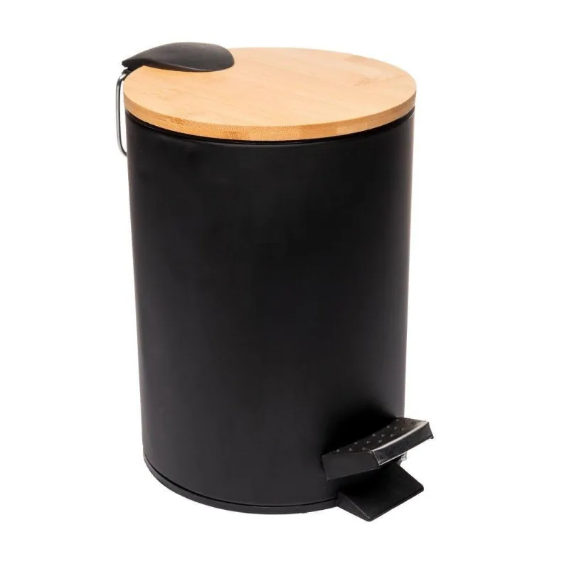 Lixeira 3l Redonda De Metal Com Pedal E Tampa Em Bambu Preta Lyor