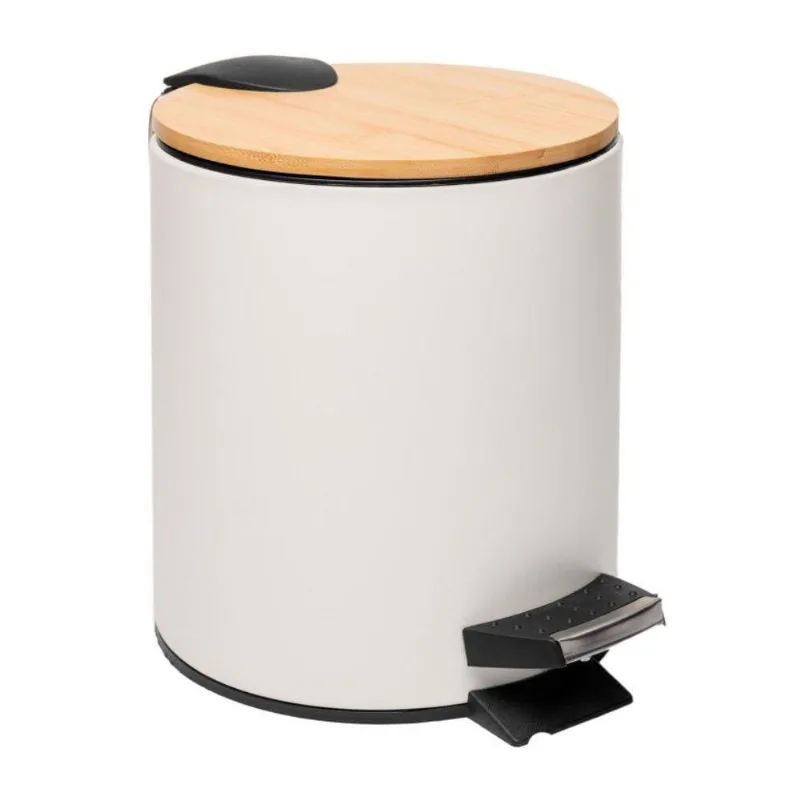 Lixeira 5l Redonda De Metal Com Pedal E Tampa Em Bambu Branca Lyor - LYOR
