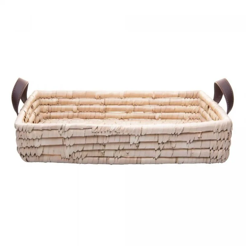 Bandeja Retangular Decorativa De Fibra Natural E Alça Em Couro Braid Lyor