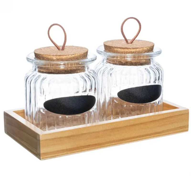 Conjunto 2 Porta Temperos Vidro 260ml Bandeja Madeira Lyor Pote para Grãos Condimentos - LYOR