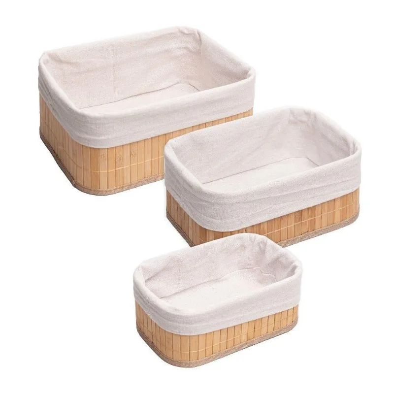 Conjunto 3 Cestos Retangulares De Bambu Com Forro Em Tecido Lyor - Lyor