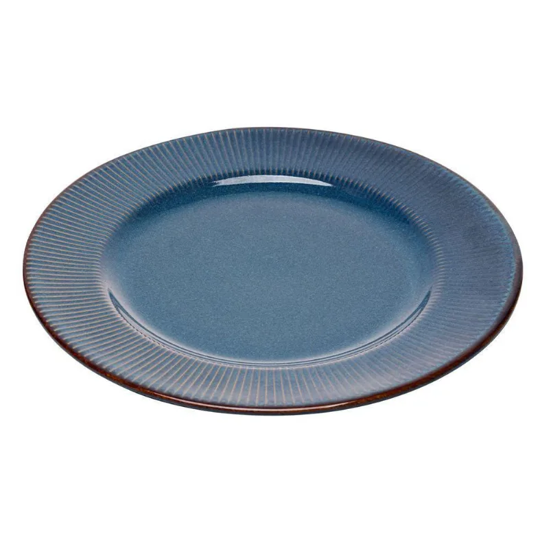 Prato Raso De Jantar Ceramica Azul Linear Rústico 27cm Lyor - LYOR