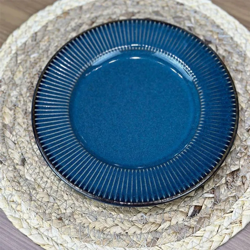 Prato De Sobremesa Ceramica Azul Linear Rústico 20cm Lyor - LYOR