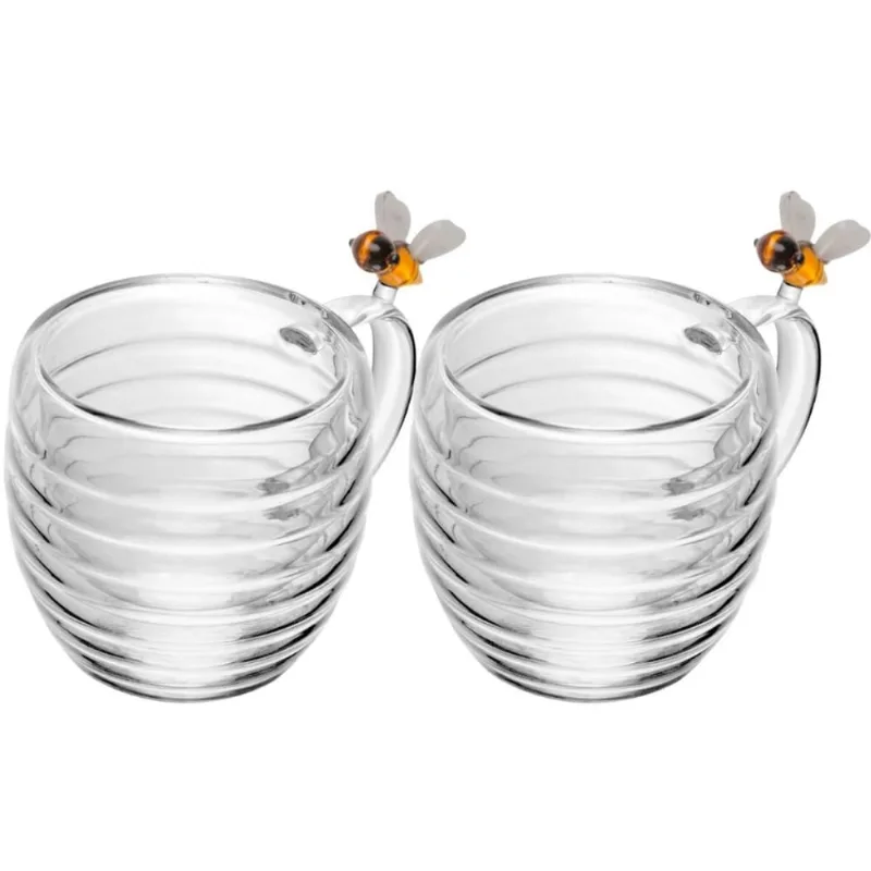 Conjunto 2 Xícaras de Chá 180ml Vidro Borossilicato Lovely Bee Lyor Parede Dupla Abelha - LYOR