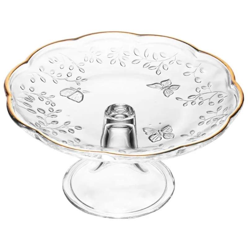 Boleira com Pé Vidro Cristal Prato para Bolo Redondo 19cm Lyor New Butterfly Fio de Ouro - LYOR