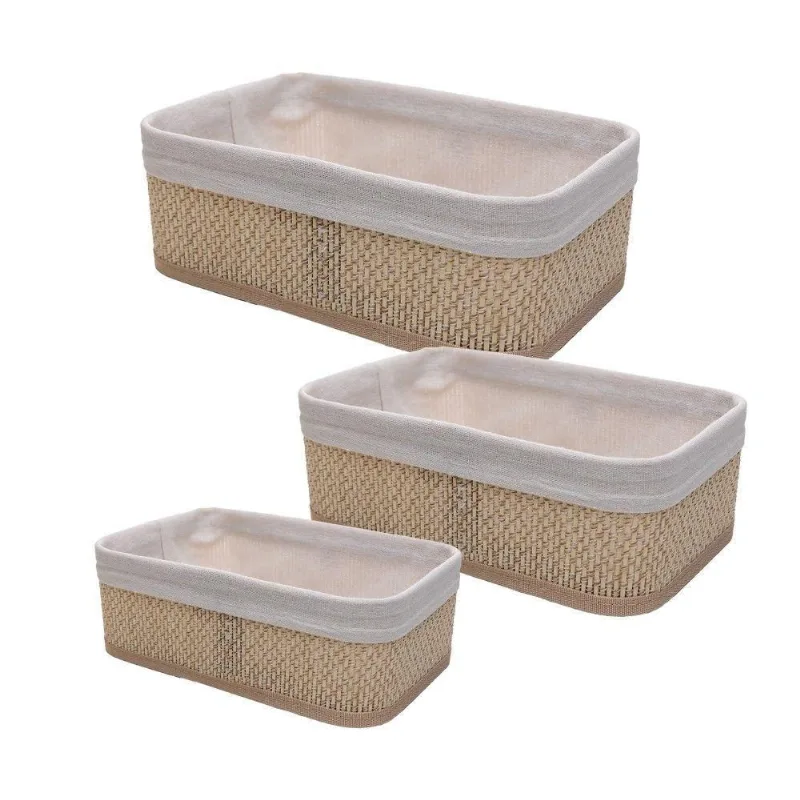 Conjunto 3 Cestos Retangulares De Bambu Com Forro Em Tecido Cozy Lyor - Lyor