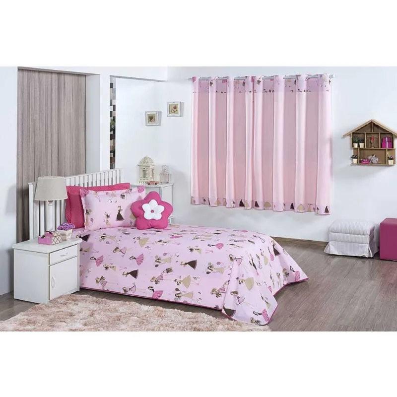 Kit Cobre Leito Solteiro e Cortina Clean 04 Peças - Sofie