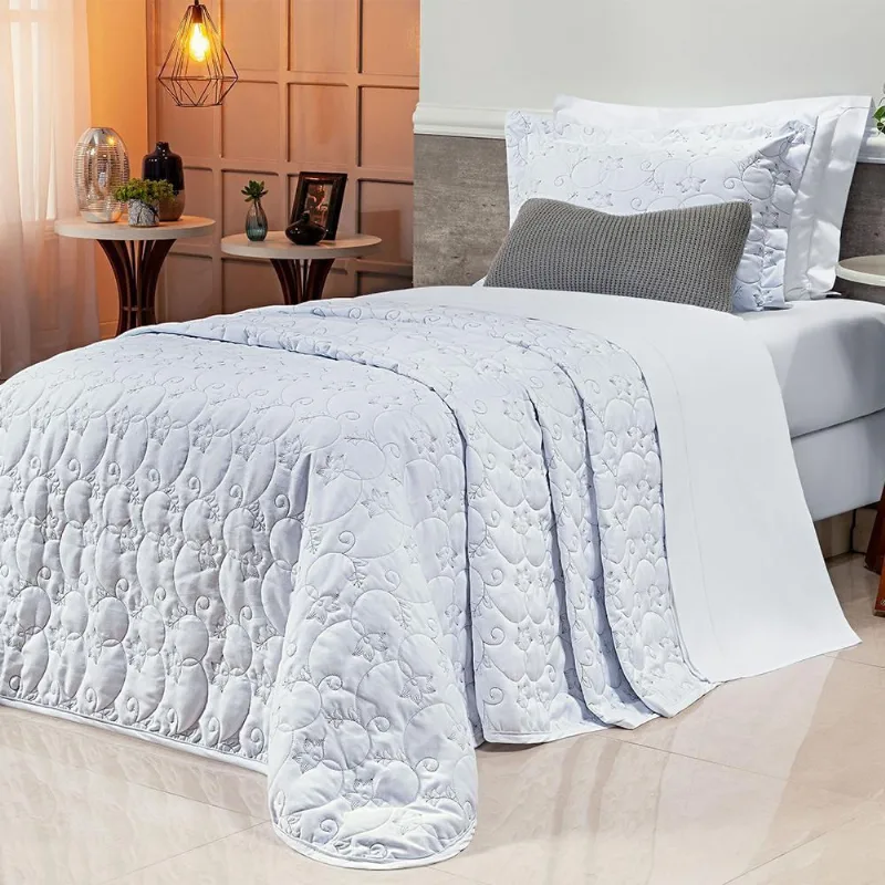 Cobre Leito Solteiro Bouti 2Pçs Dupla Face 400 Fios Bordado Branco