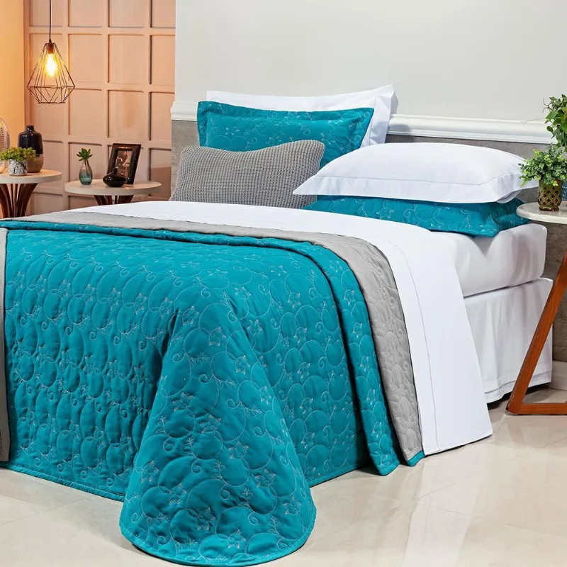 Cobre Leito Queen Bouti 3Pçs Dupla Face 400Fios Bordado Azul