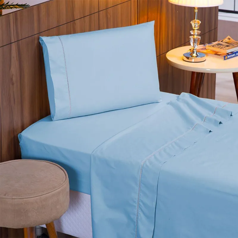 Jogo De Cama Solteiro 140 Fios Ponto Palito Azul 3pçs