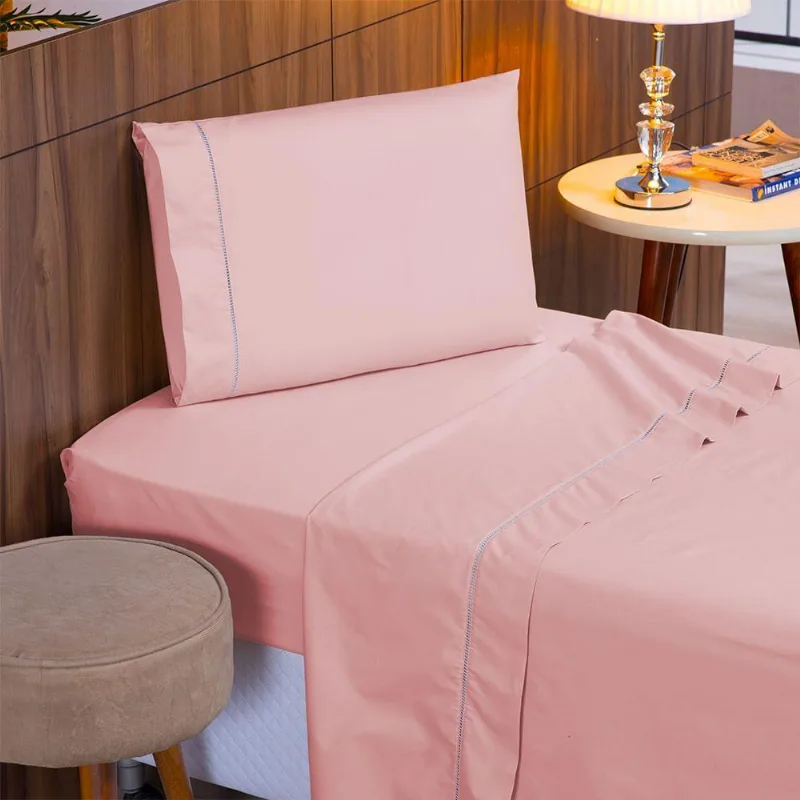 Jogo De Cama Solteiro 140 Fios Ponto Palito Rosé 3pçs