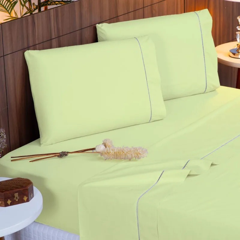 Jogo De Cama Casal 140 Fios Ponto Palito Verde 4pçs