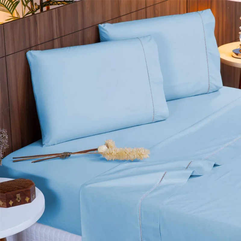 Jogo De Cama Queen 140 Fios Ponto Palito Azul 4pçs