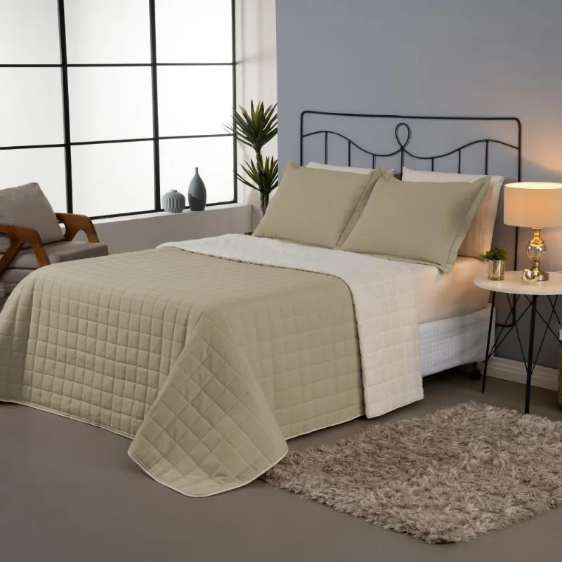 Cobertor Cobre Leito Casal Com Sherpa Dupla Face Kit 03 Peças - Cáqui
