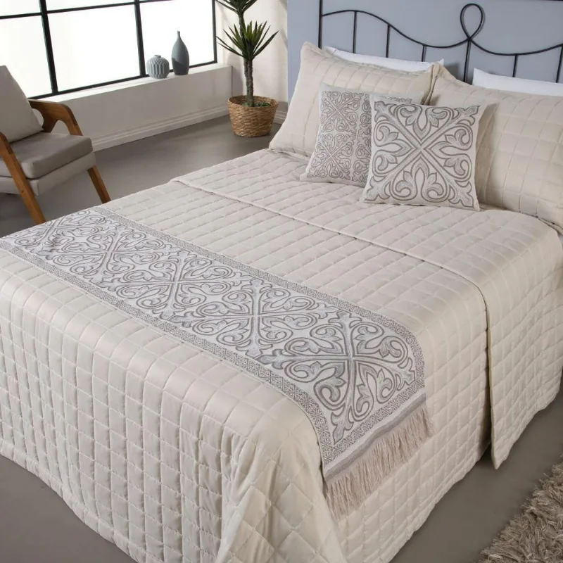 Kit Peseira Grécia 5 Peças King 60% Algodão - 40% Poliéster Tecido Jacquard Acompanha Almofadas Cheias - Cáqui