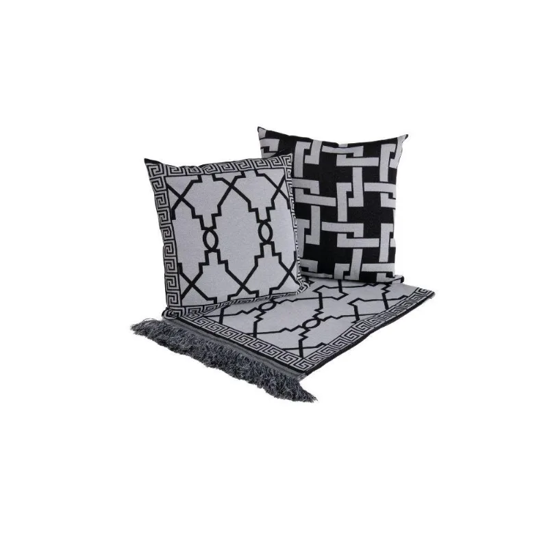 Kit Xale Para Sofá Com Franja Grécia 5 Peças 1,35m X 1,35m 60% Algodão - 40% Poliéster Tecido Jacquard - Preto