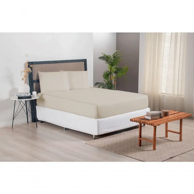 Jogo De Lençol Versatile Ponto Palito Simples 3 Peças Queen Micropercal Cáqui