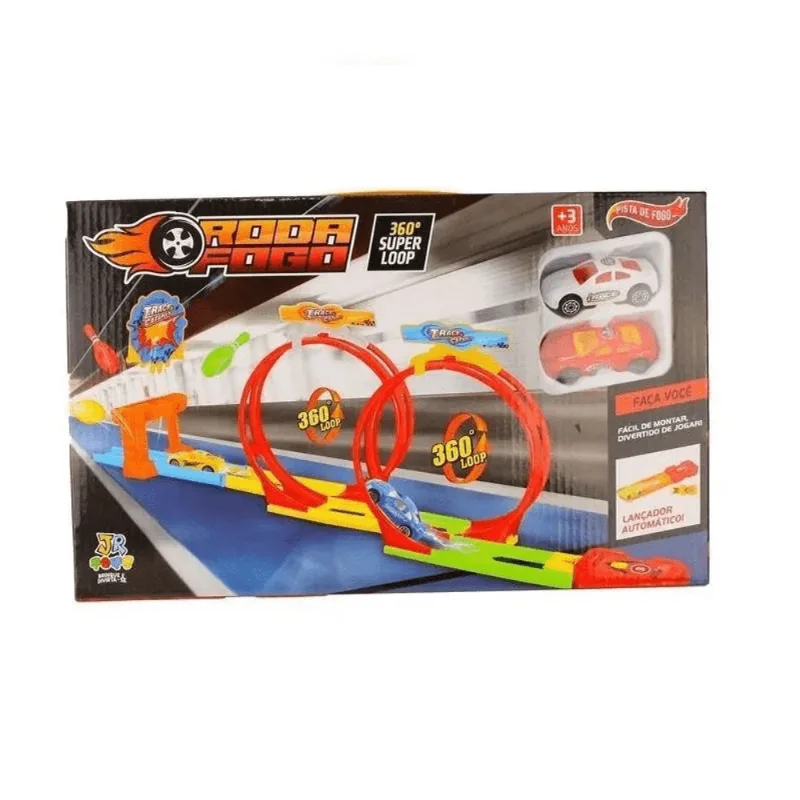 Pista com Lançador de Carrinhos Duplo Lopping 360º Roda Fogo Jr Toys