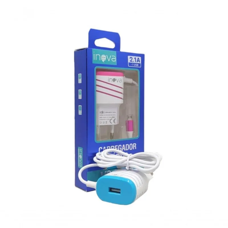 Carregador Completo Inova Tipo V8 com Cabo 2.1A Bivolt Preto 1 Unidade - Inova