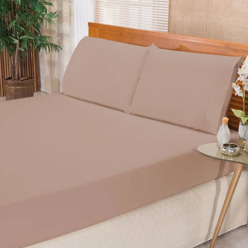 Jogo De Cama Ponto Palito Percal 180 Fios Elegance Casal 03 Peças - Caqui