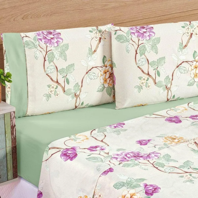 Jogo De Lençol Solteiro 200 Fios Estampado 3 Peças Naturalle Floral Verde