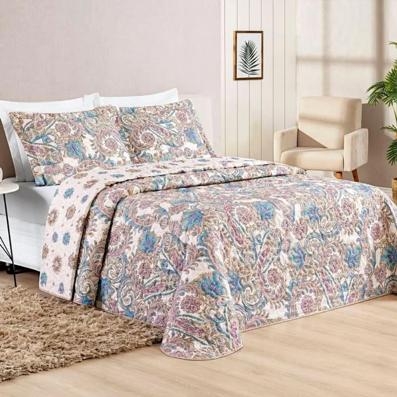 Colcha Estampada Dupla Face Bouti Casal 03 Peças - Floral Azul