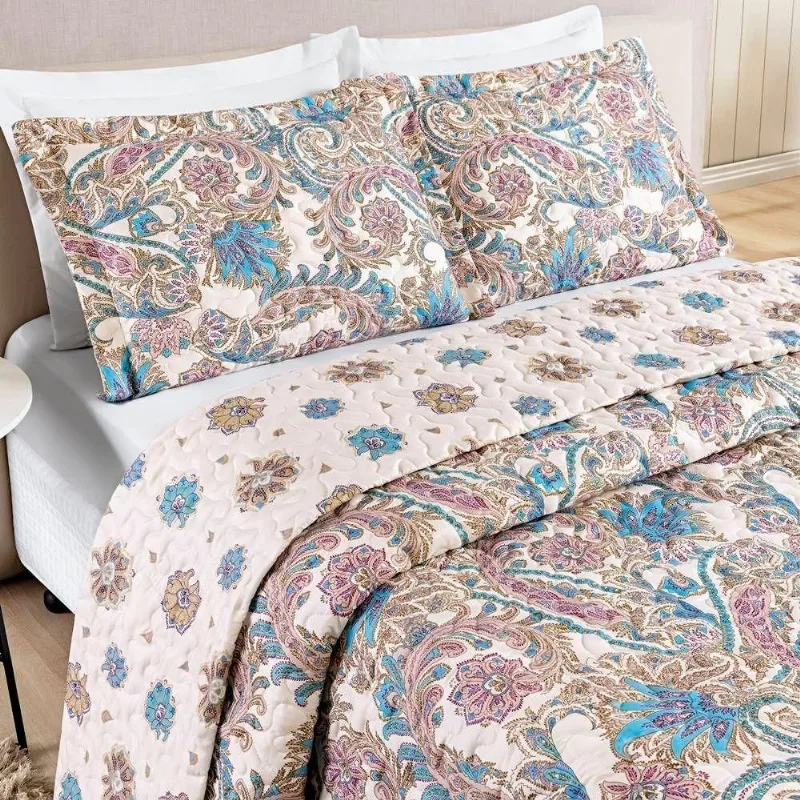 Colcha Estampada Dupla Face Bouti King 03 Peças - Floral Azul