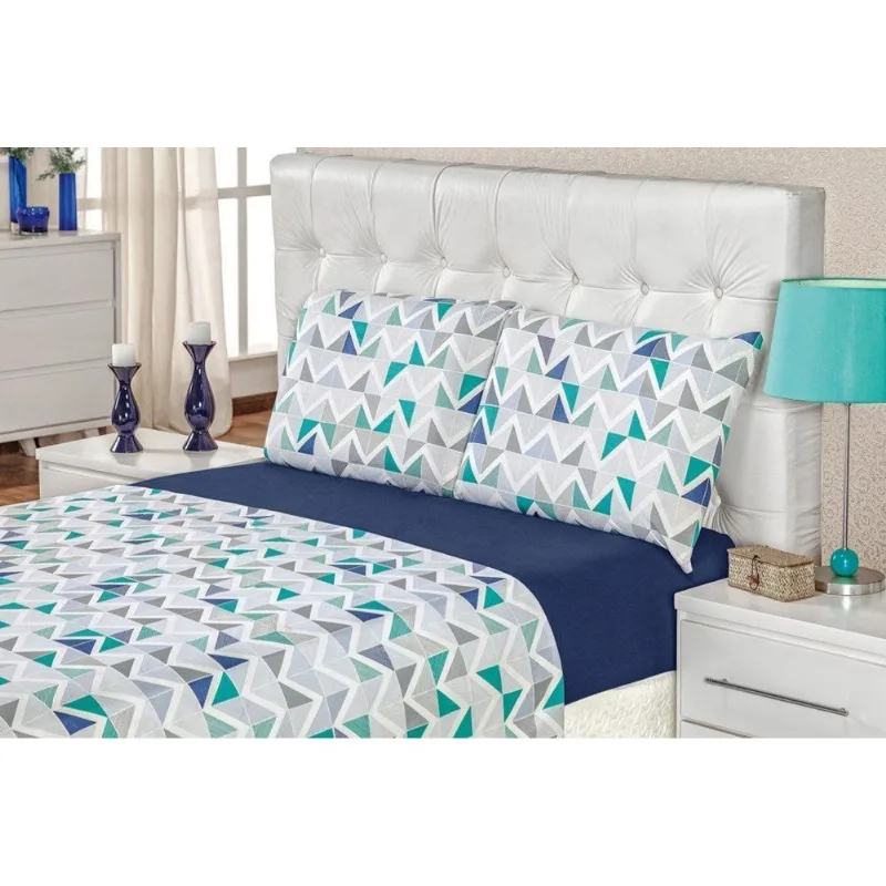 Jogo De Cama Malha King Quality 04 Peças - Geométrico Azul