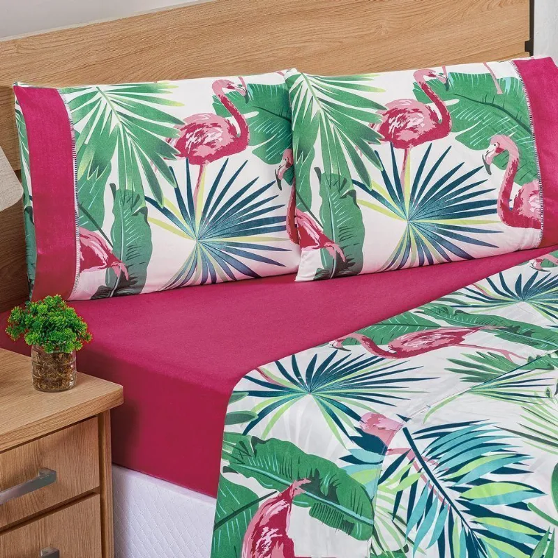 Jogo De Cama Estampado Micropercal 200 Fios Naturale Queen 04 Peças - Flamingo
