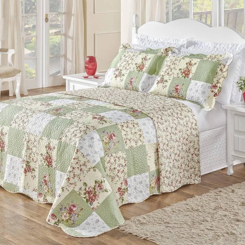 Colcha Estampada Dupla Face Bouti King 03 Peças - Patchwork Verde