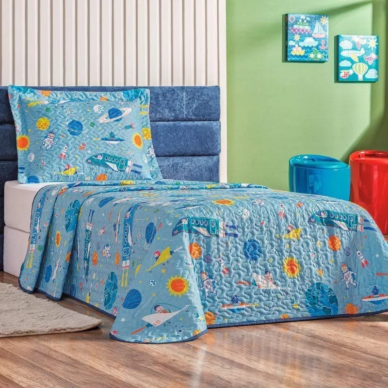 Colcha Cobre Leito Bouti Dupla Face Solteiro Infantil Kids 2 Peças - Astronauta. - Bia Enxovais - Cama, Mesa E Banho
