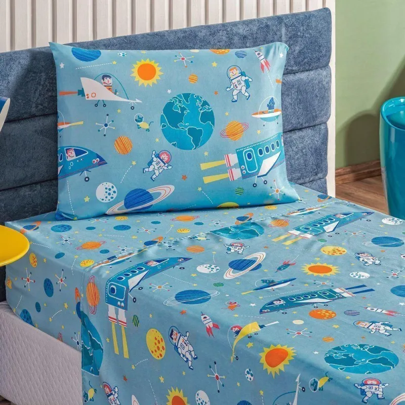 Jogo De Cama Lençol Bouti Infantil Kids Solteiro 03 Peças - Astronauta. - Acabamento de Alta Qualidade - Bia Enxovais