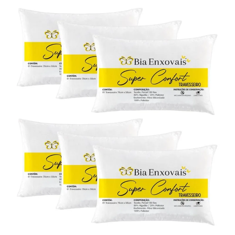 Kit Travesseiros Confort Percal 180 Fios Fibra Siliconizada 70cm x 50cm - 6 Unidades