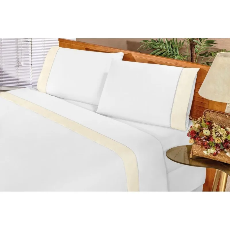 Jogo De Cama Lençol Queen Elegance Exclusivo180 Fios 80% Algodão 04 Peças - Branco E Palha