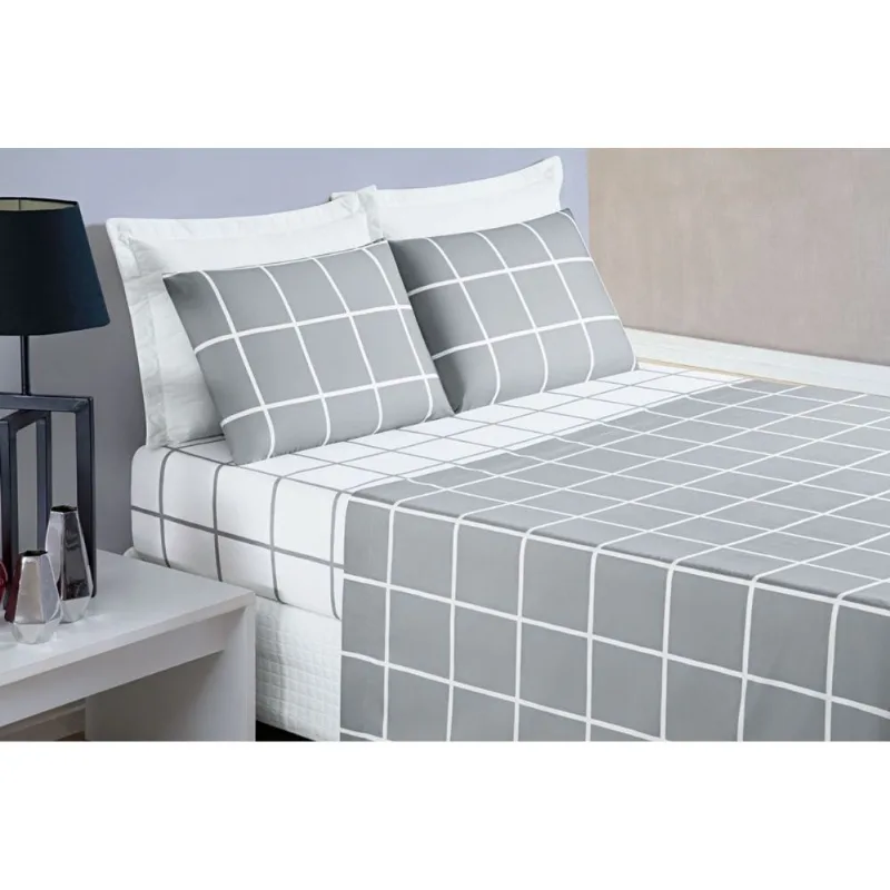 Jogo De Cama Com Lençol De Cima 200 Fios Austin Casal 04 Peças - Cinza