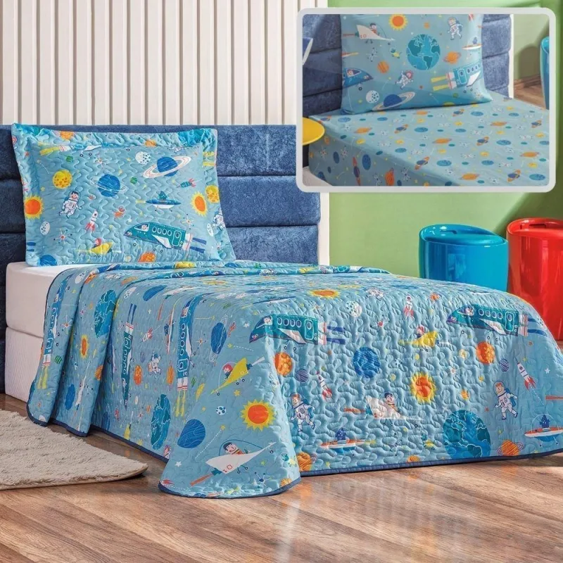 Enxoval Kit Colcha + Jogo De Cama Lençol Bouti Solteiro Infantil Kids 4 Peças - Astronauta. - Qualidade Garantida! - Bia Enxovais