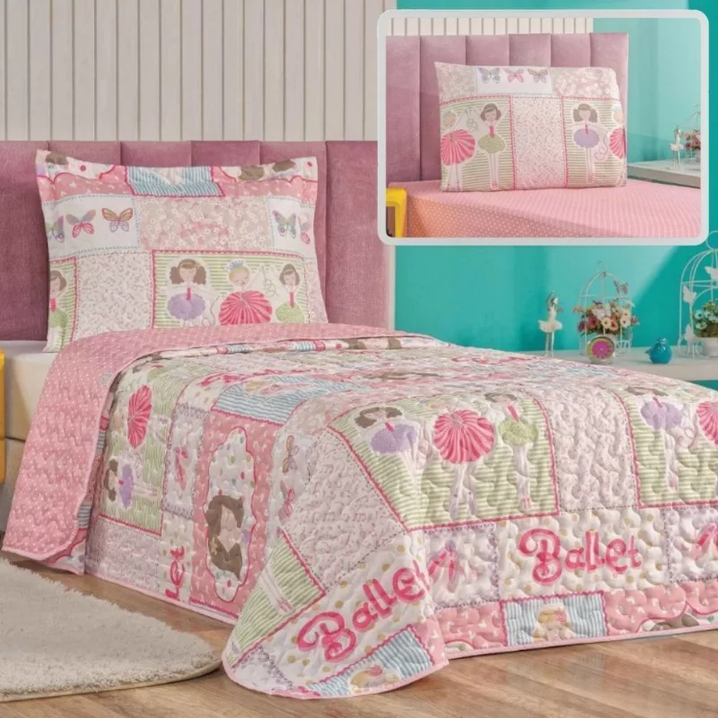 Enxoval Kit Colcha + Jogo De Cama Lençol Bouti Solteiro Infantil Kids 4 Peças - Ballet - Bia Enxovais