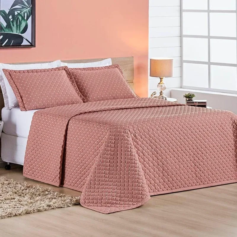 Cobre Leito Queen Ravena Bordado Micropercal 200 Fios 3 Peças - Rose