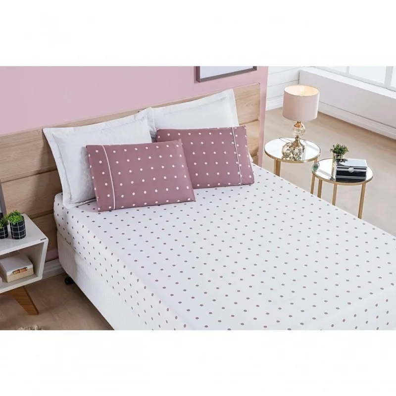 Jogo De Cama Lençol 200 Fios Petit Poá Casal Padrão 03 Peças - Rose - qualidade superior - Bia Enxovais - Cama, Mesa E Banho