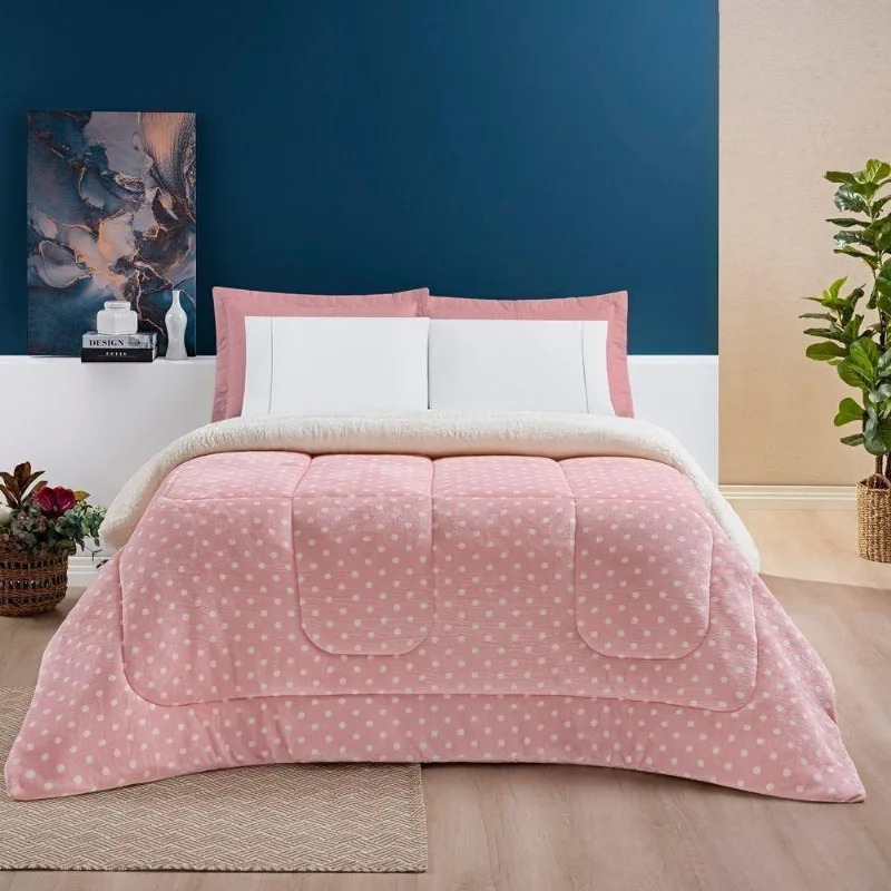 Coberdrom Estampado Sherpa E Flannel Petit Poá Queen 01 Peça Manta Alta 150g - Rosa