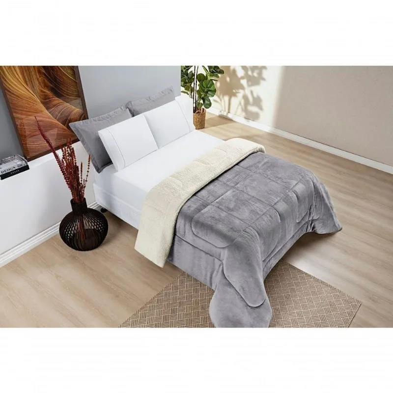 Coberdrom Sherpa E Flannel Everest Queen Manta Alta 150g 01 Peça - Cinza
