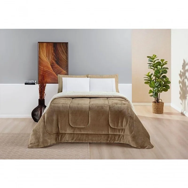 Coberdrom Sherpa E Flannel Everest Queen Manta Alta 150g 01 Peça - Caqui