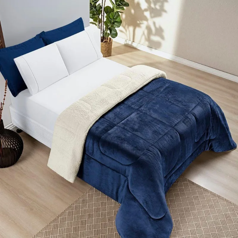 Coberdrom Sherpa E Flannel Everest Queen Manta Alta 150g 01 Peça - Marinho