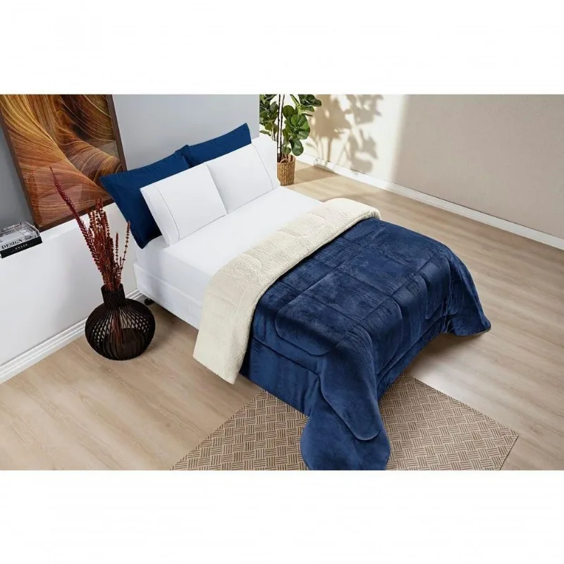 Coberdrom Sherpa E Flannel Everest King Manta Alta 150g 01 Peça - Marinho